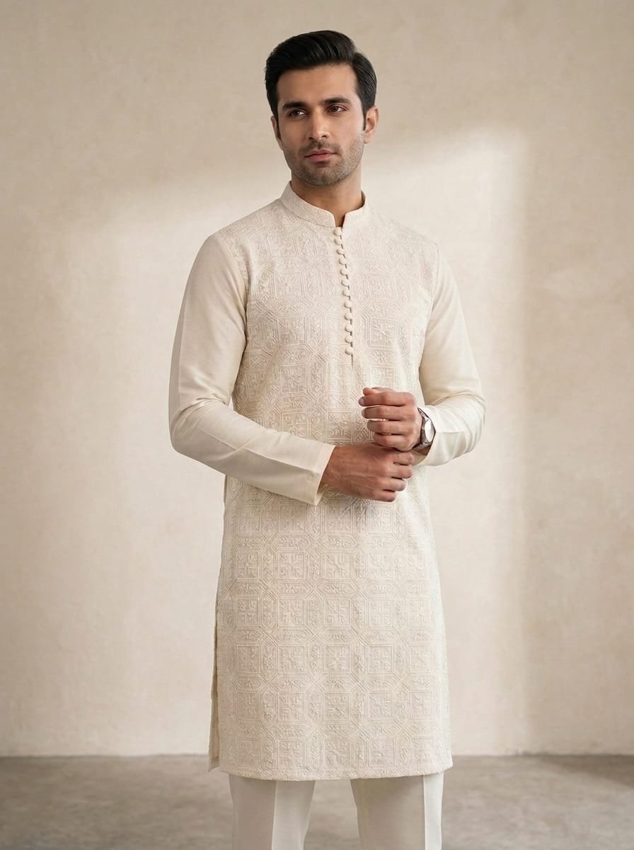 OFF-White Embroidered Kurta Trouser